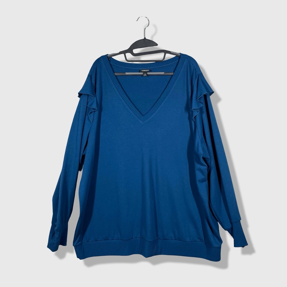 Torrid Ruffle Shoulder V-Neck Top Womens 3X Blue Casual Feminine Romantic Chic